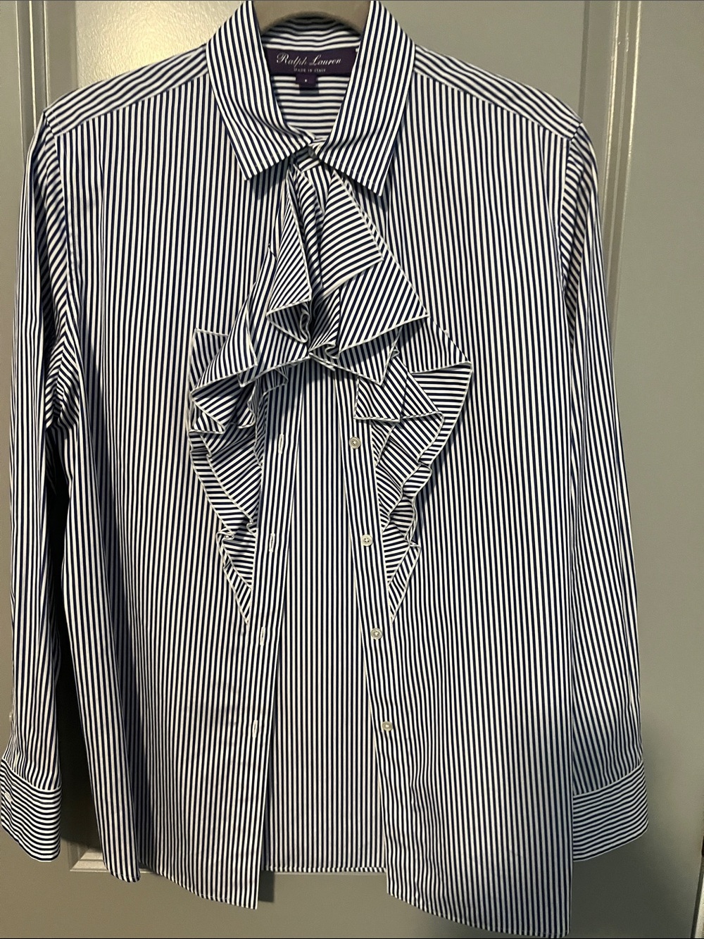 Ralph Lauren purple label Navy & White Striped Ruffle-Front Dress Shirt